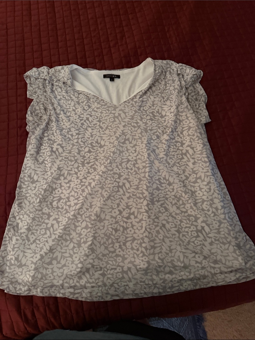 Papermoon White and Light Gray Floral V-Neck Ruffle Sleeve Blouse